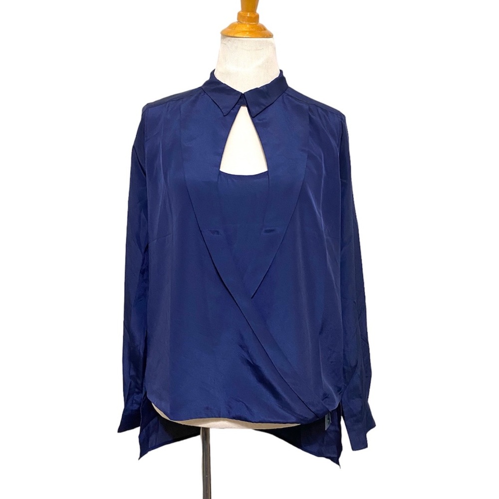 VENUS Satiny Double Layer Shirt Blouse Surplice Lapel Collar Hi-Lo Navy size M